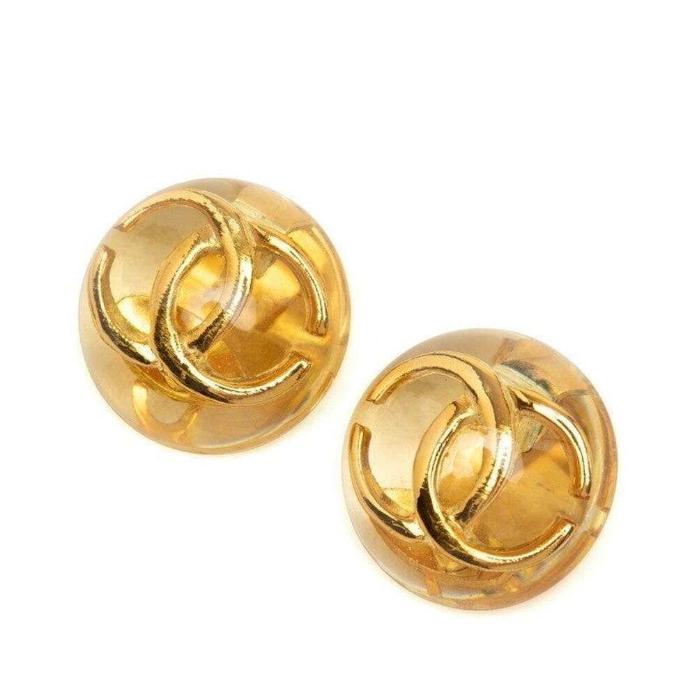 Chanel CC Logo Earrings Gold Clear Resin Plated Metal Gold